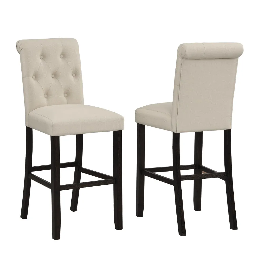 2 Tufted Tan Barstools | Solid Wood Legs, Espresso Finish - Set of 2