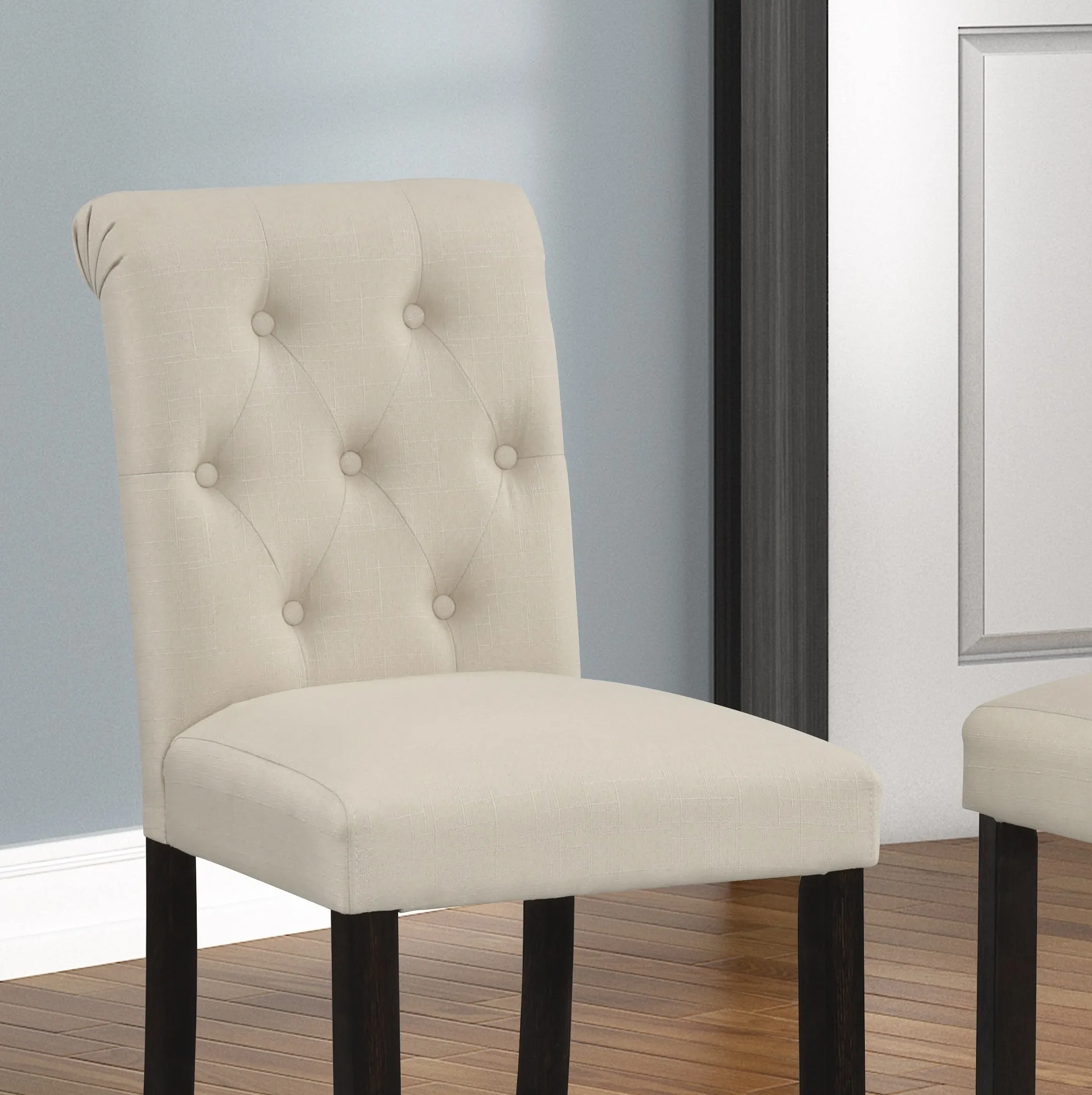2 Tufted Tan Barstools | Solid Wood Legs, Espresso Finish - Set of 2
