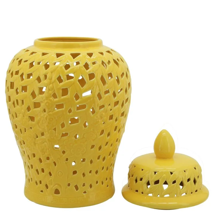 24" Pierced Ceramic Temple Jar - Yellow