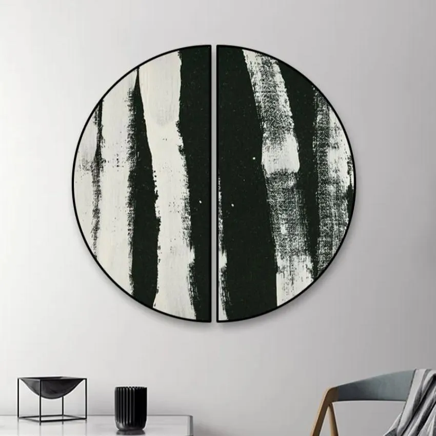 Abstract Monochrome Semi Circle Frames stretched on wood | Set of 2