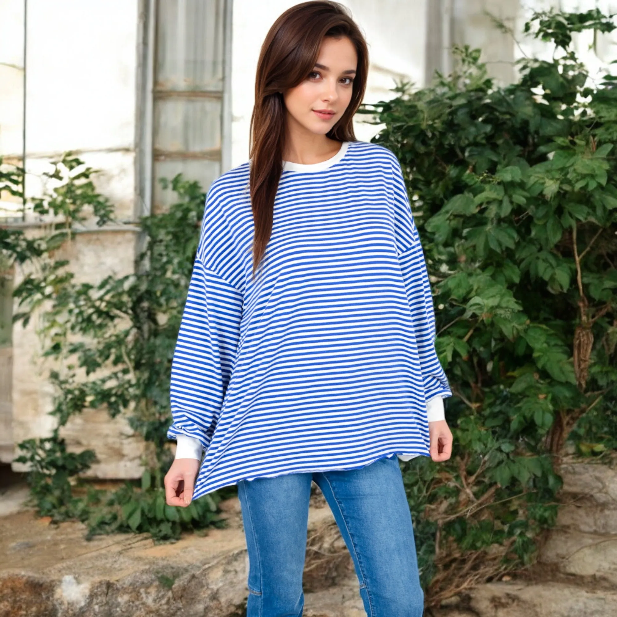 Anna-Kaci Women's Striped Long Sleeve Oversized Pullover Top with Ribbed Crew Neck