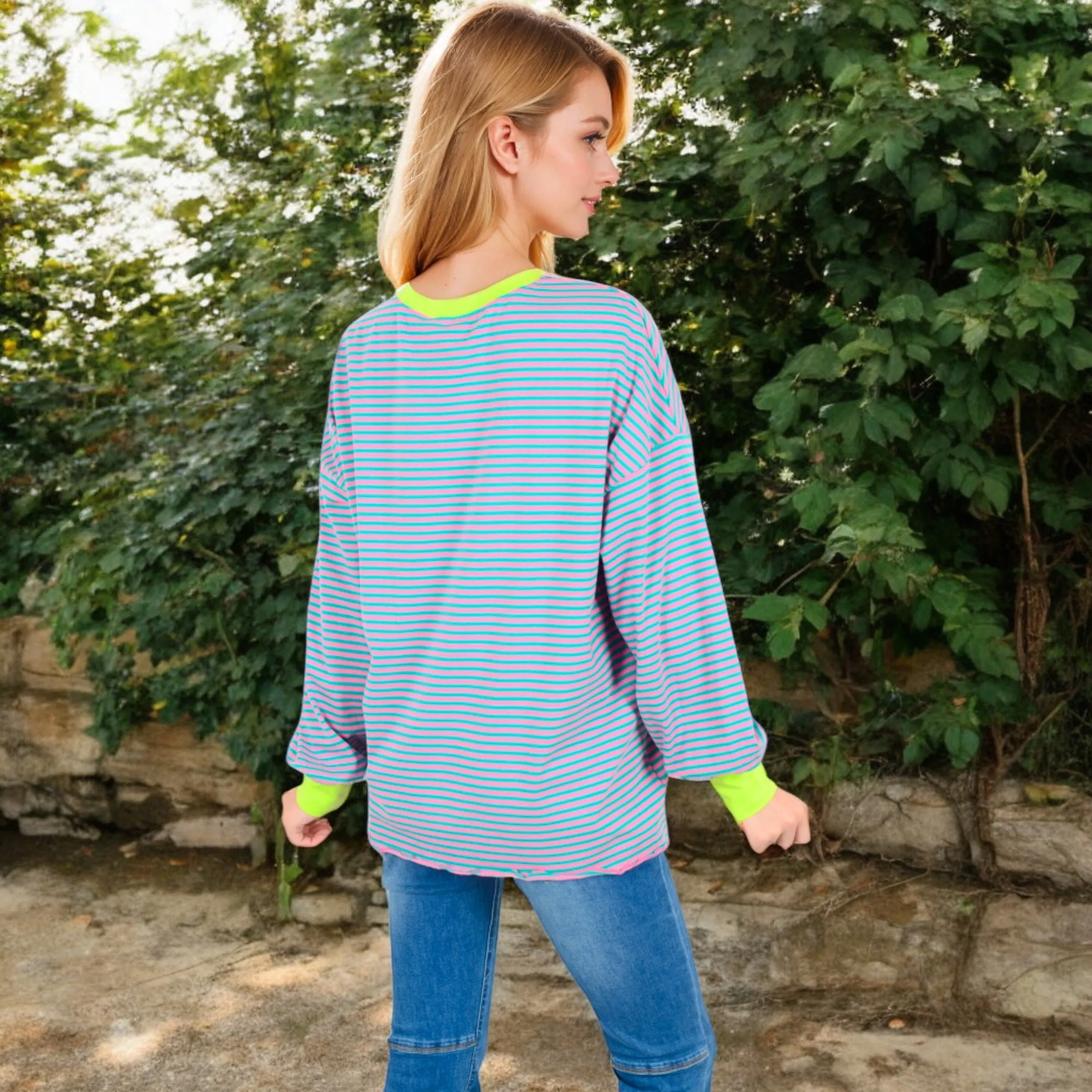 Anna-Kaci Women's Striped Long Sleeve Oversized Pullover Top with Ribbed Crew Neck