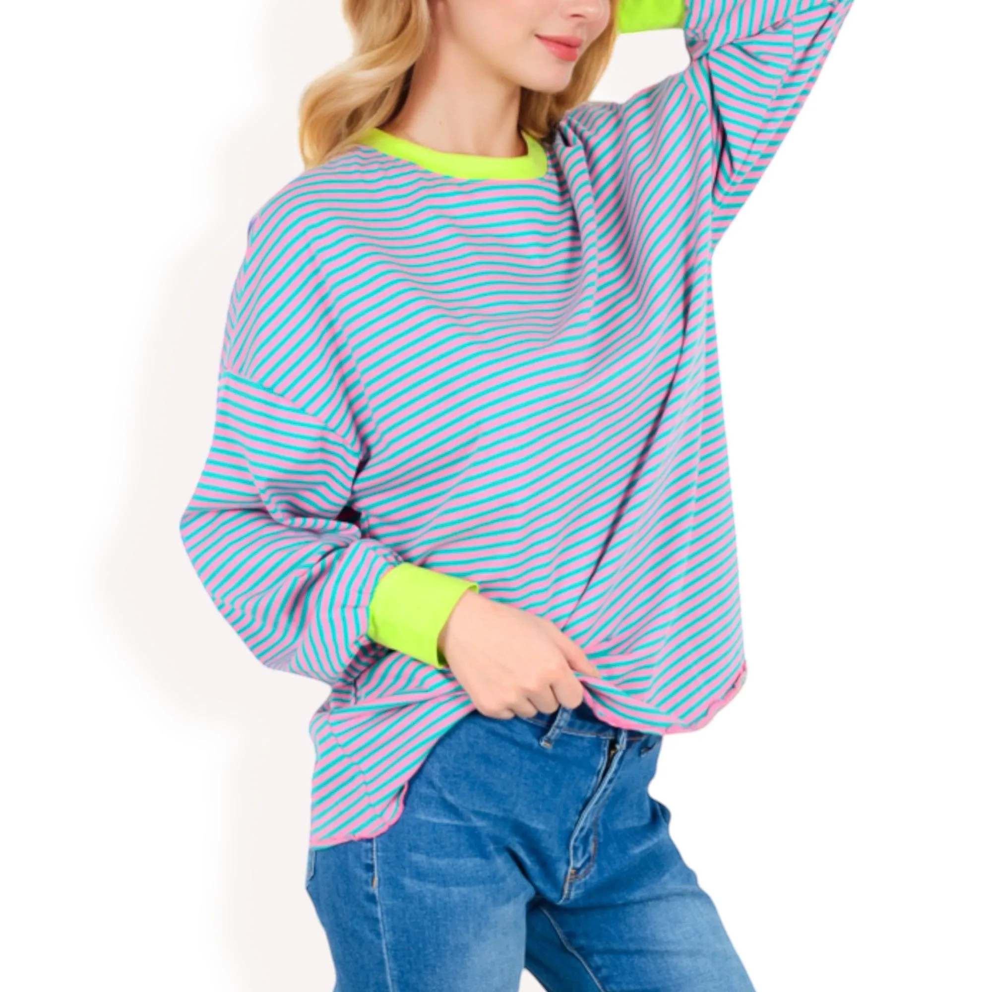 Anna-Kaci Women's Striped Long Sleeve Oversized Pullover Top with Ribbed Crew Neck