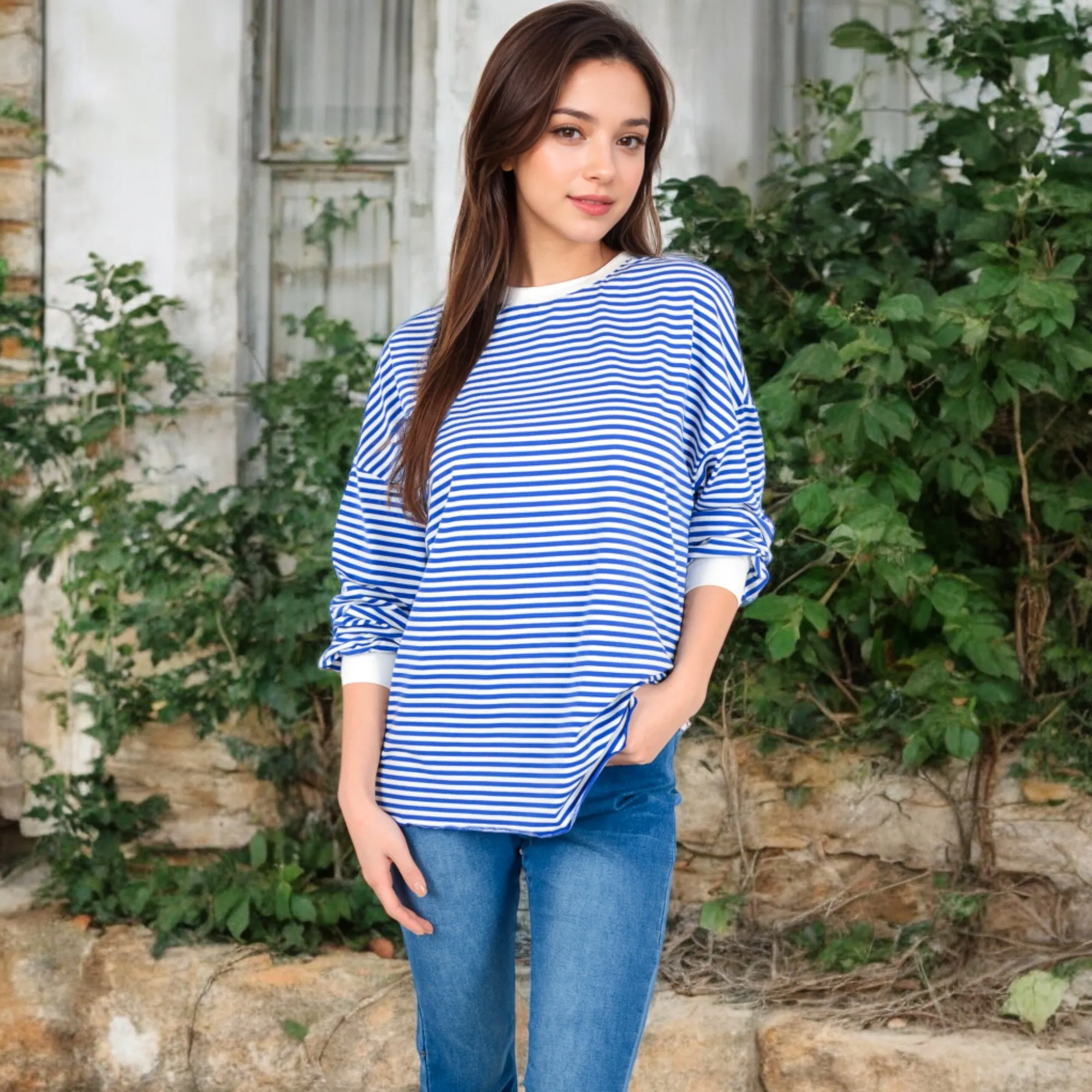 Anna-Kaci Women's Striped Long Sleeve Oversized Pullover Top with Ribbed Crew Neck