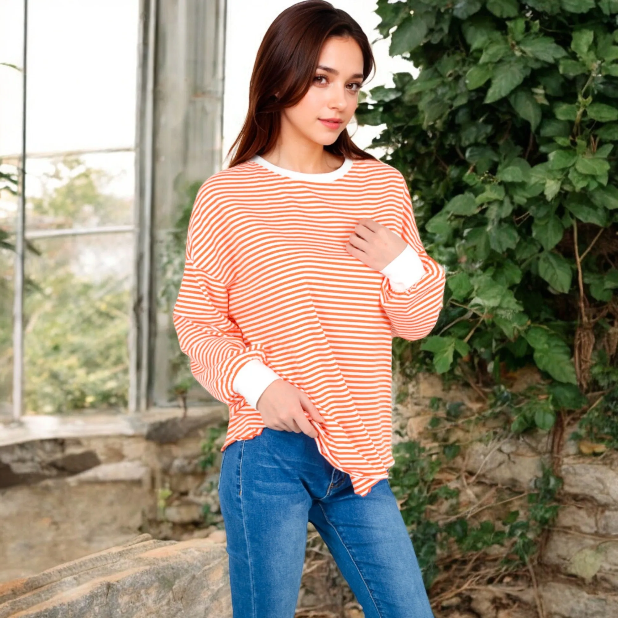 Anna-Kaci Women's Striped Long Sleeve Oversized Pullover Top with Ribbed Crew Neck
