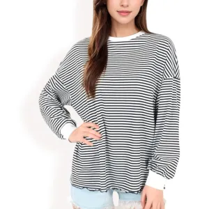 Anna-Kaci Women's Striped Long Sleeve Oversized Pullover Top with Ribbed Crew Neck