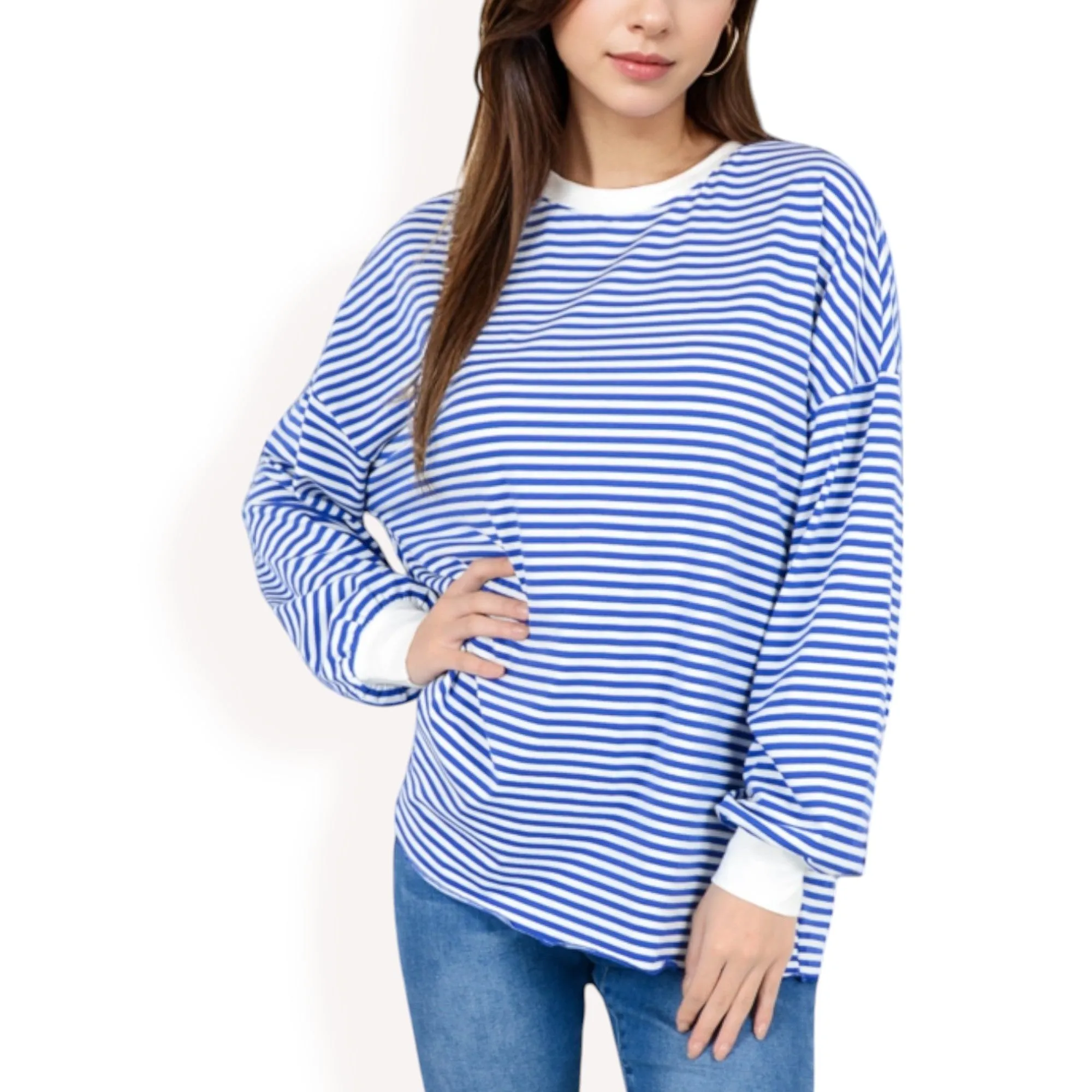 Anna-Kaci Women's Striped Long Sleeve Oversized Pullover Top with Ribbed Crew Neck
