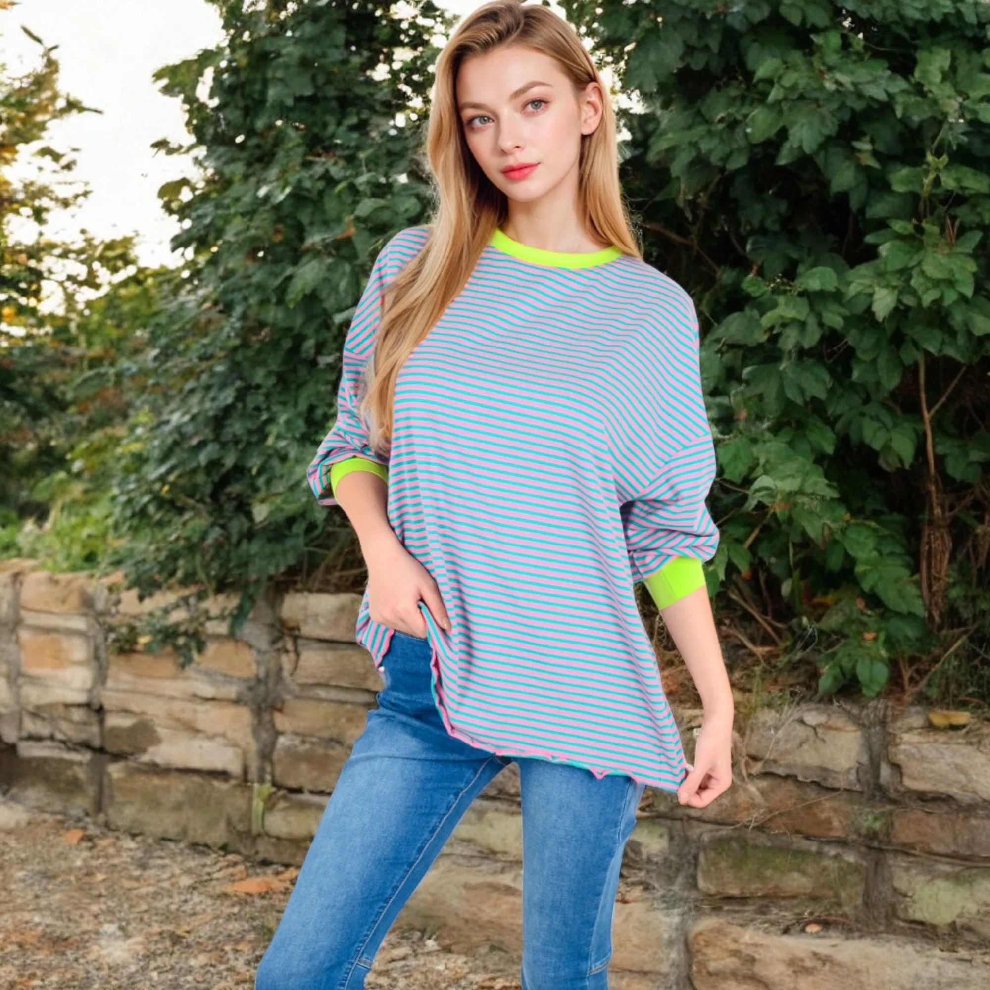 Anna-Kaci Women's Striped Long Sleeve Oversized Pullover Top with Ribbed Crew Neck