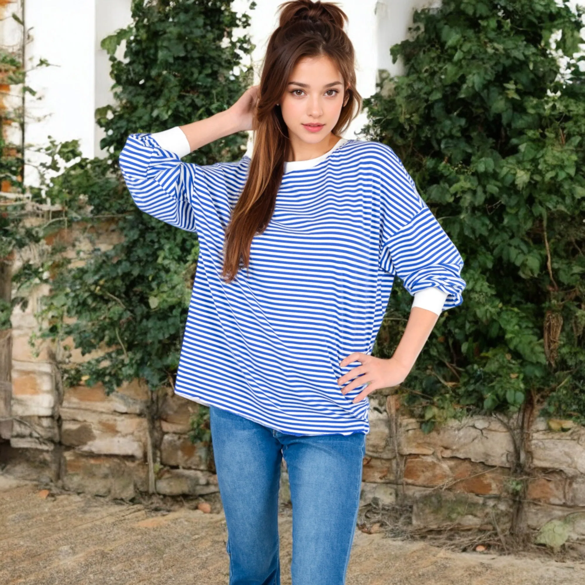 Anna-Kaci Women's Striped Long Sleeve Oversized Pullover Top with Ribbed Crew Neck