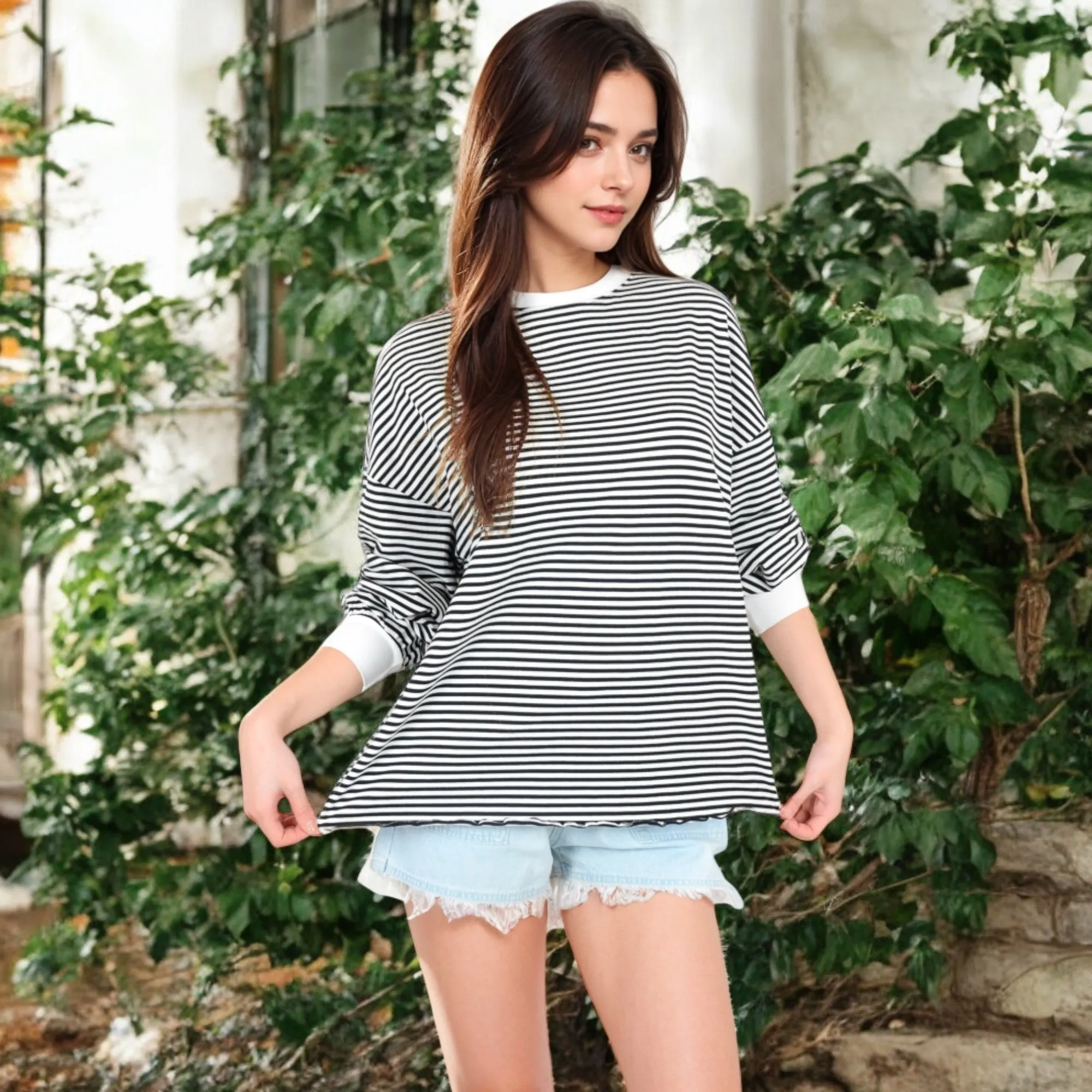 Anna-Kaci Women's Striped Long Sleeve Oversized Pullover Top with Ribbed Crew Neck