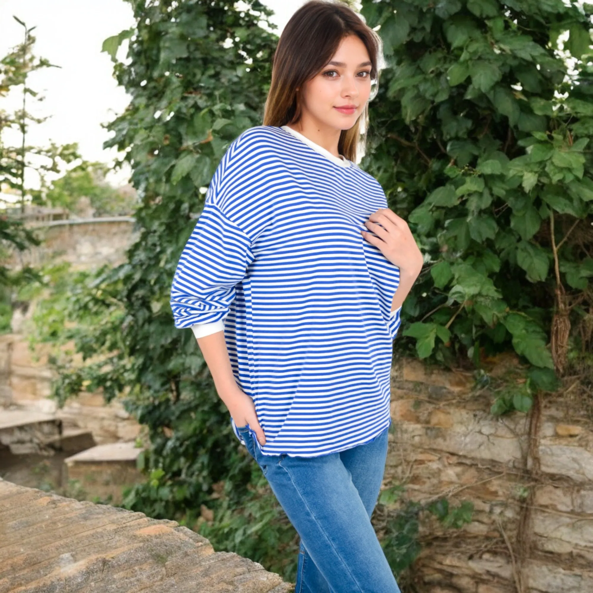 Anna-Kaci Women's Striped Long Sleeve Oversized Pullover Top with Ribbed Crew Neck