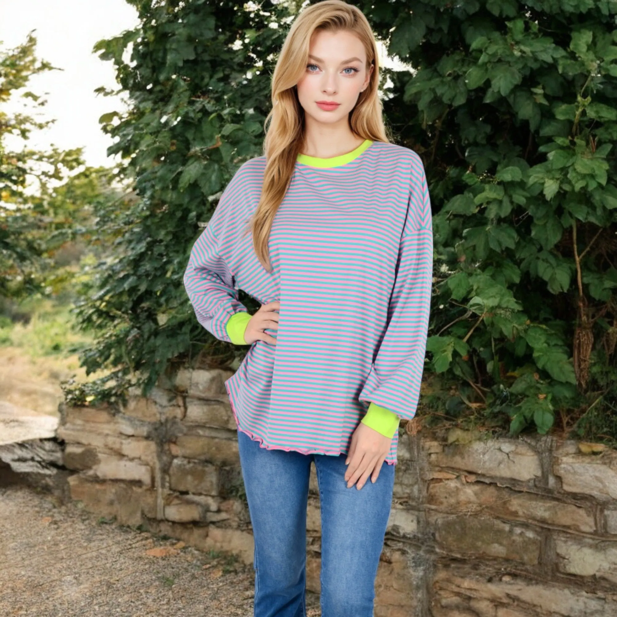Anna-Kaci Women's Striped Long Sleeve Oversized Pullover Top with Ribbed Crew Neck