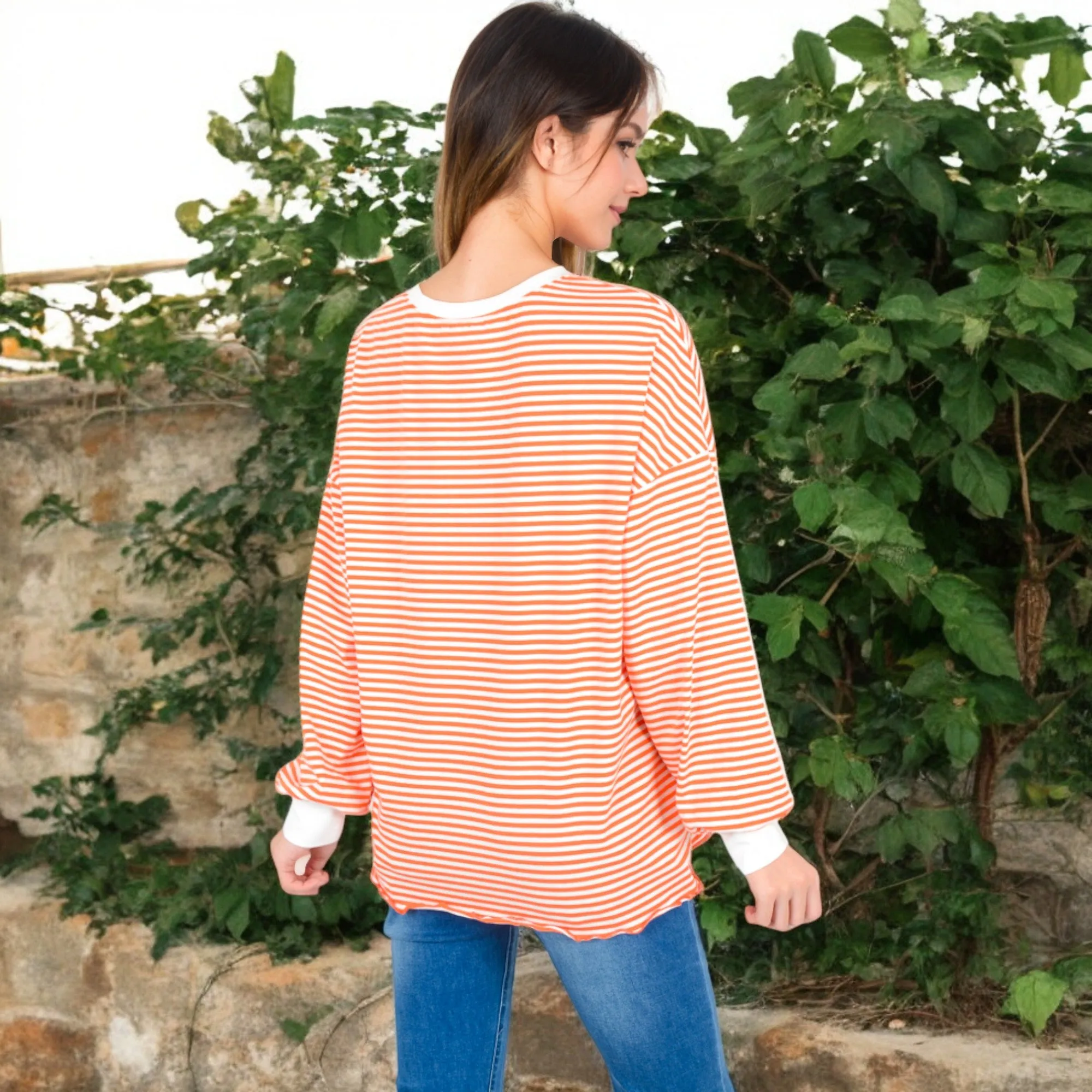 Anna-Kaci Women's Striped Long Sleeve Oversized Pullover Top with Ribbed Crew Neck