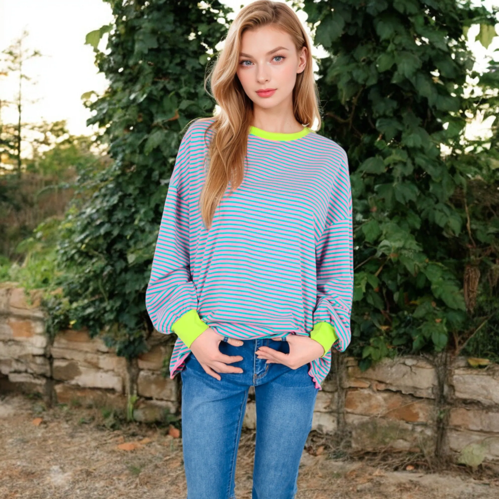 Anna-Kaci Women's Striped Long Sleeve Oversized Pullover Top with Ribbed Crew Neck