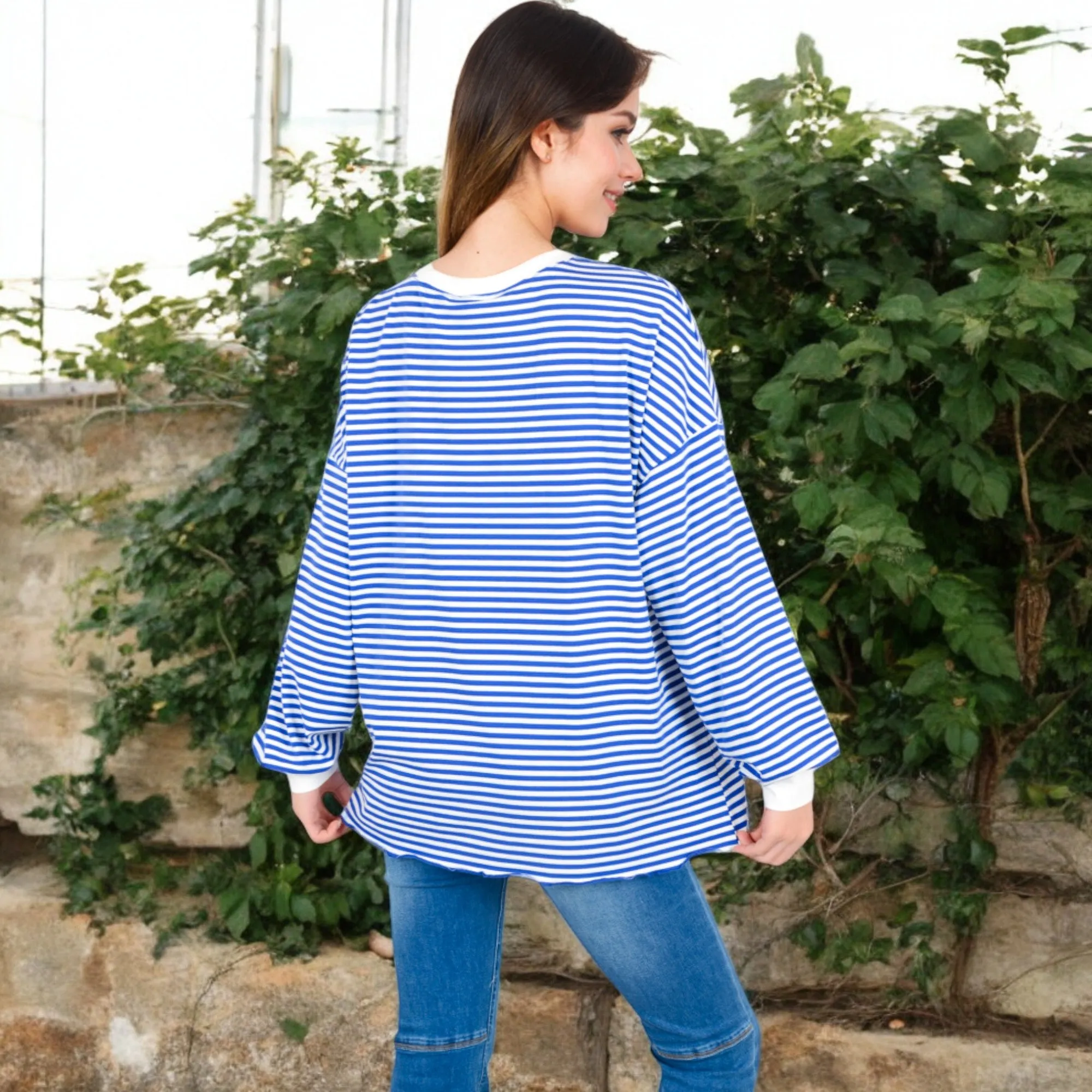 Anna-Kaci Women's Striped Long Sleeve Oversized Pullover Top with Ribbed Crew Neck