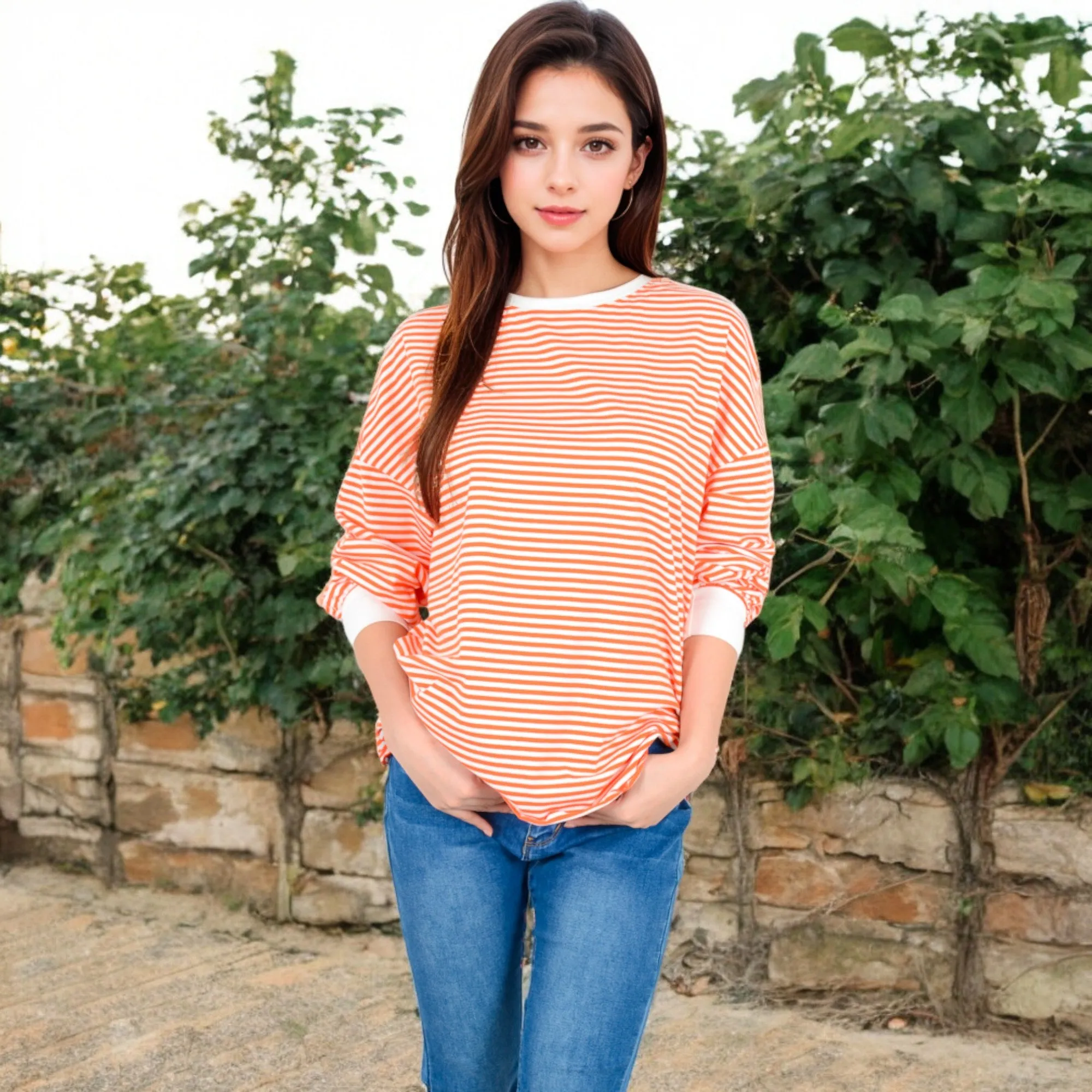 Anna-Kaci Women's Striped Long Sleeve Oversized Pullover Top with Ribbed Crew Neck