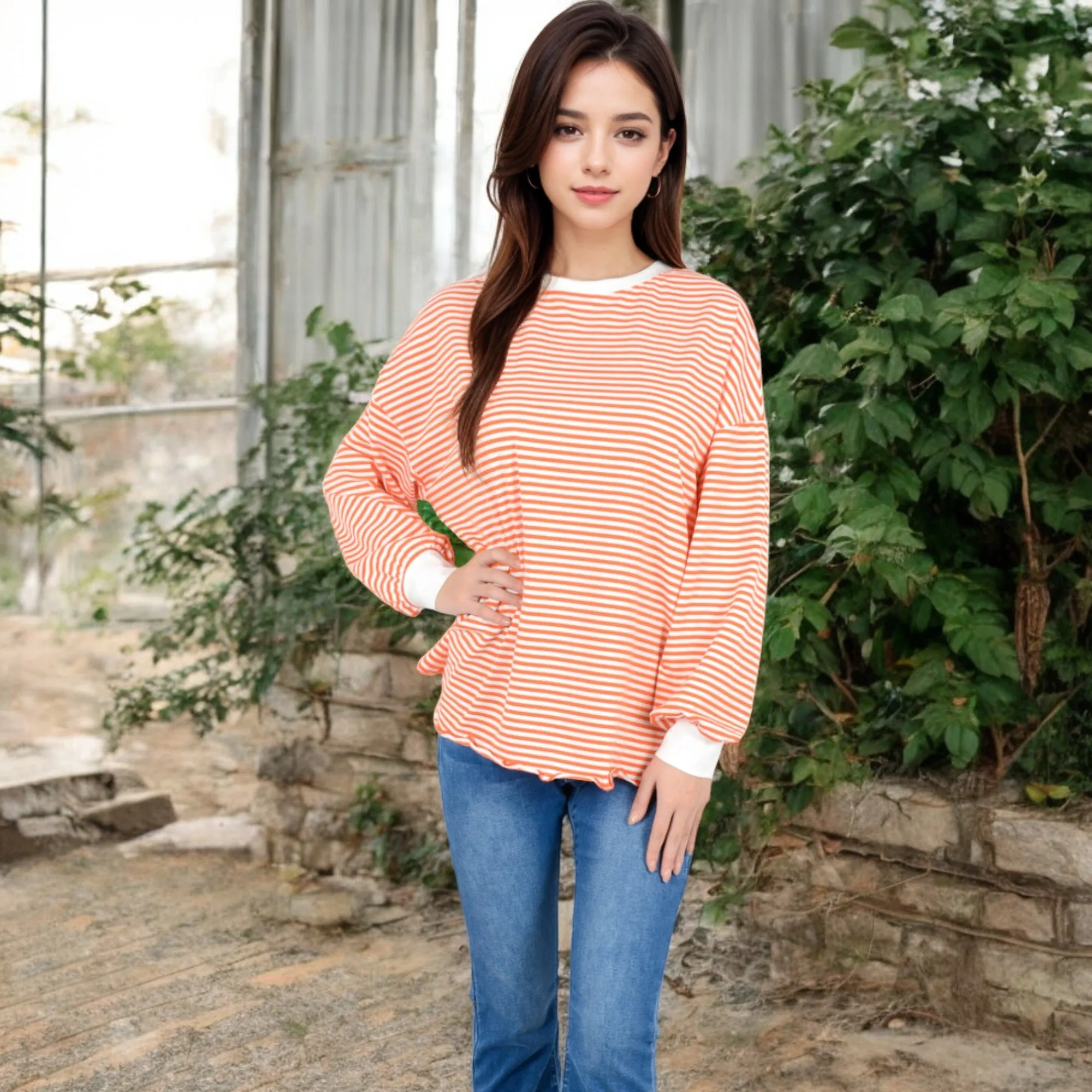 Anna-Kaci Women's Striped Long Sleeve Oversized Pullover Top with Ribbed Crew Neck