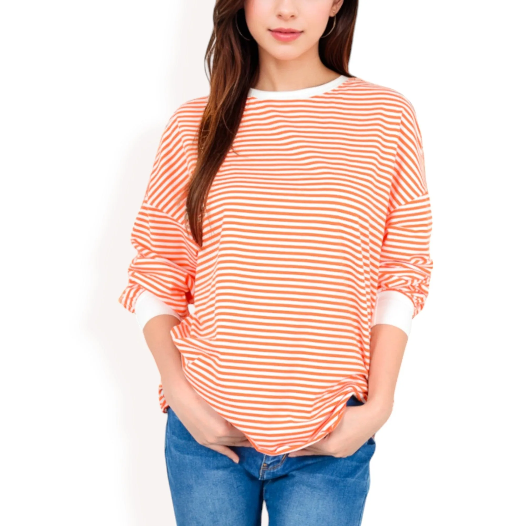Anna-Kaci Women's Striped Long Sleeve Oversized Pullover Top with Ribbed Crew Neck