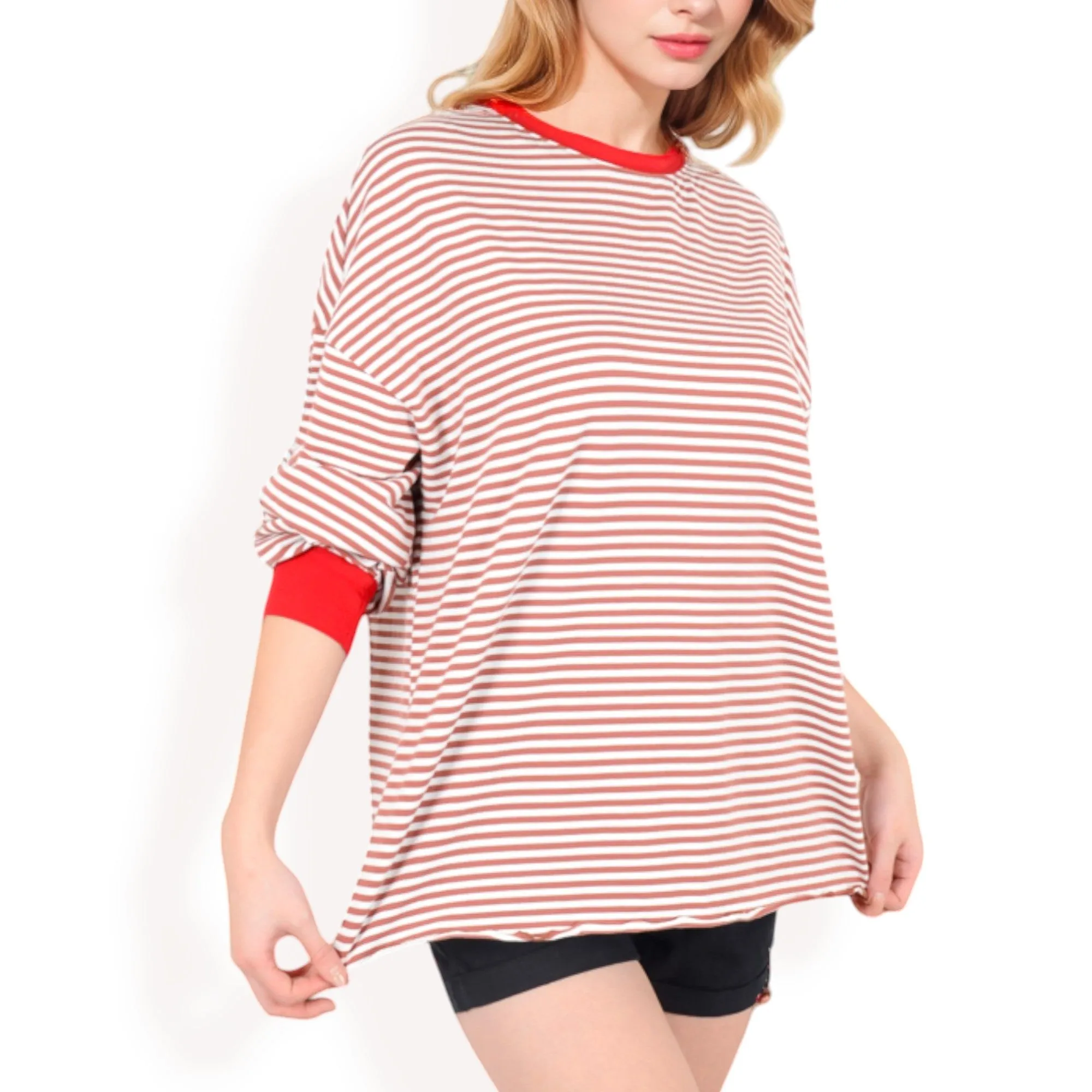 Anna-Kaci Women's Striped Long Sleeve Oversized Pullover Top with Ribbed Crew Neck