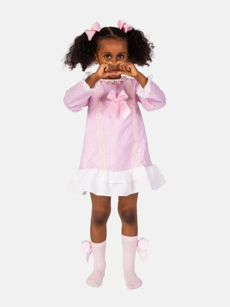 Baby Girl Blanca Collection Spanish Striped Dress with Bonnet-Pink