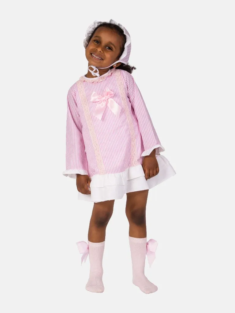 Baby Girl Blanca Collection Spanish Striped Dress with Bonnet-Pink