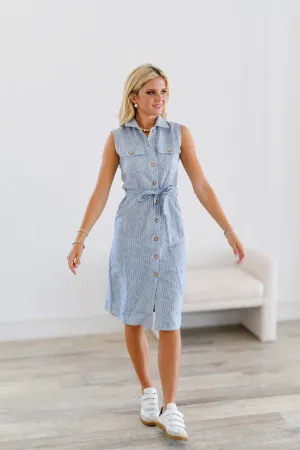 Delia Striped Midi Dress - Cream/Blue