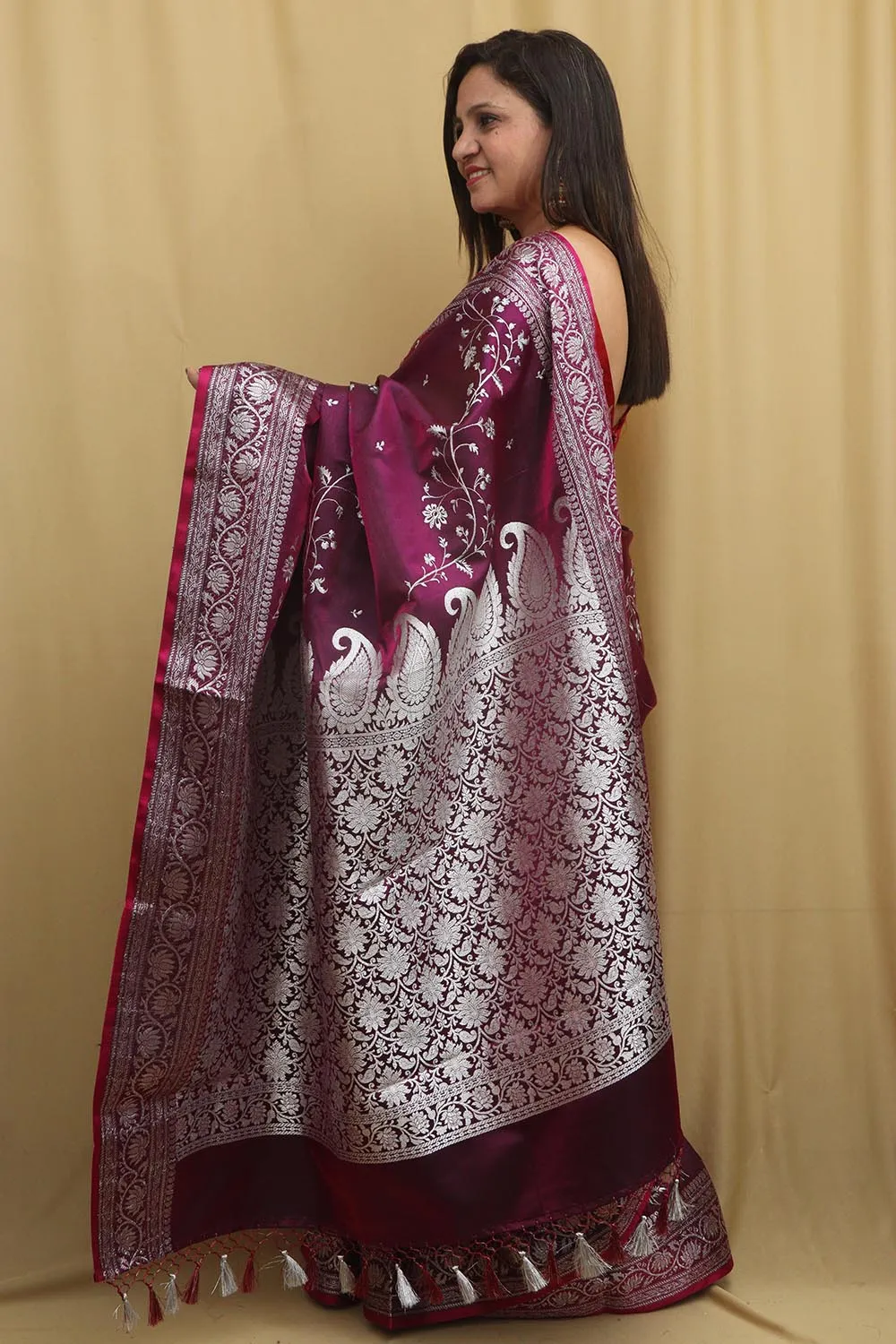 Elegant Purple Banarasi Embroidered Satin Silk Saree