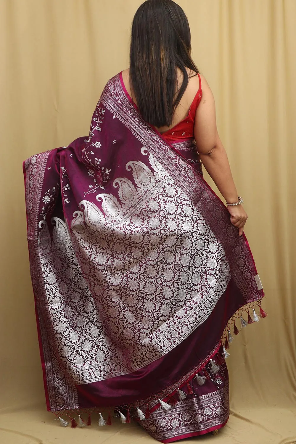 Elegant Purple Banarasi Embroidered Satin Silk Saree