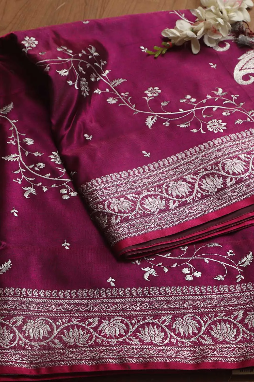 Elegant Purple Banarasi Embroidered Satin Silk Saree