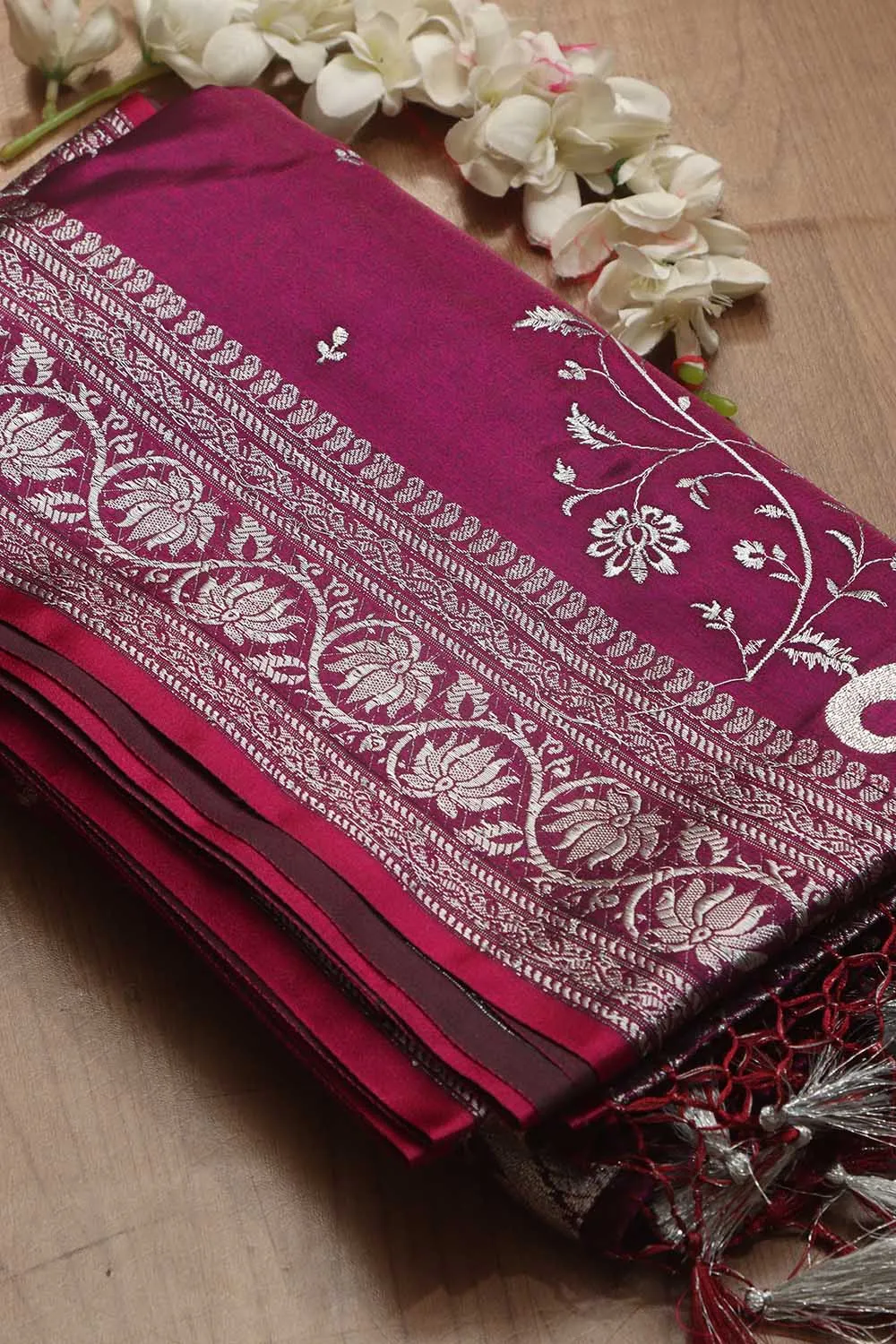 Elegant Purple Banarasi Embroidered Satin Silk Saree