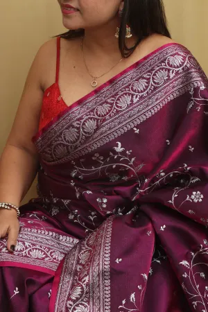 Elegant Purple Banarasi Embroidered Satin Silk Saree