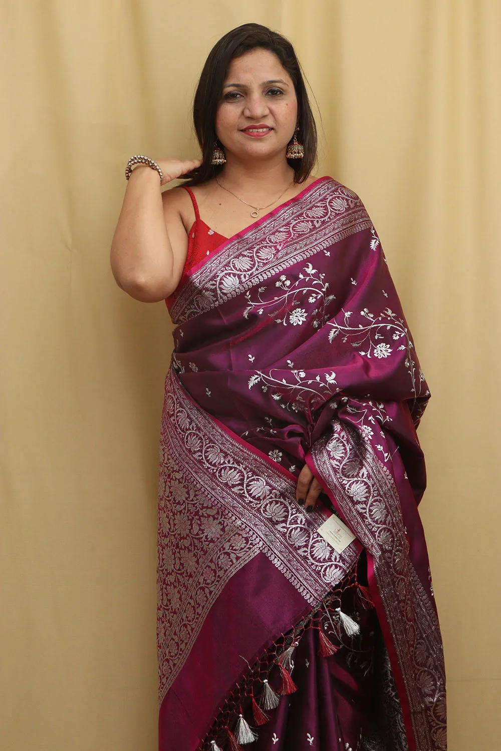 Elegant Purple Banarasi Embroidered Satin Silk Saree