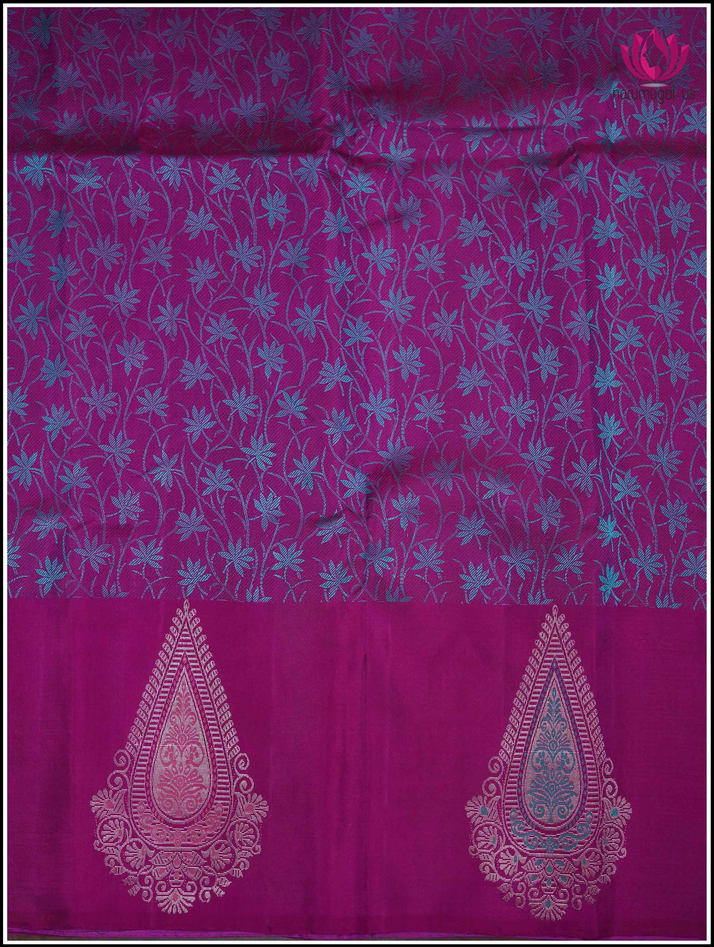 Kanchipuram Silk Saree in an Eggplant Purple with Teal Blue - Silkmark Certified