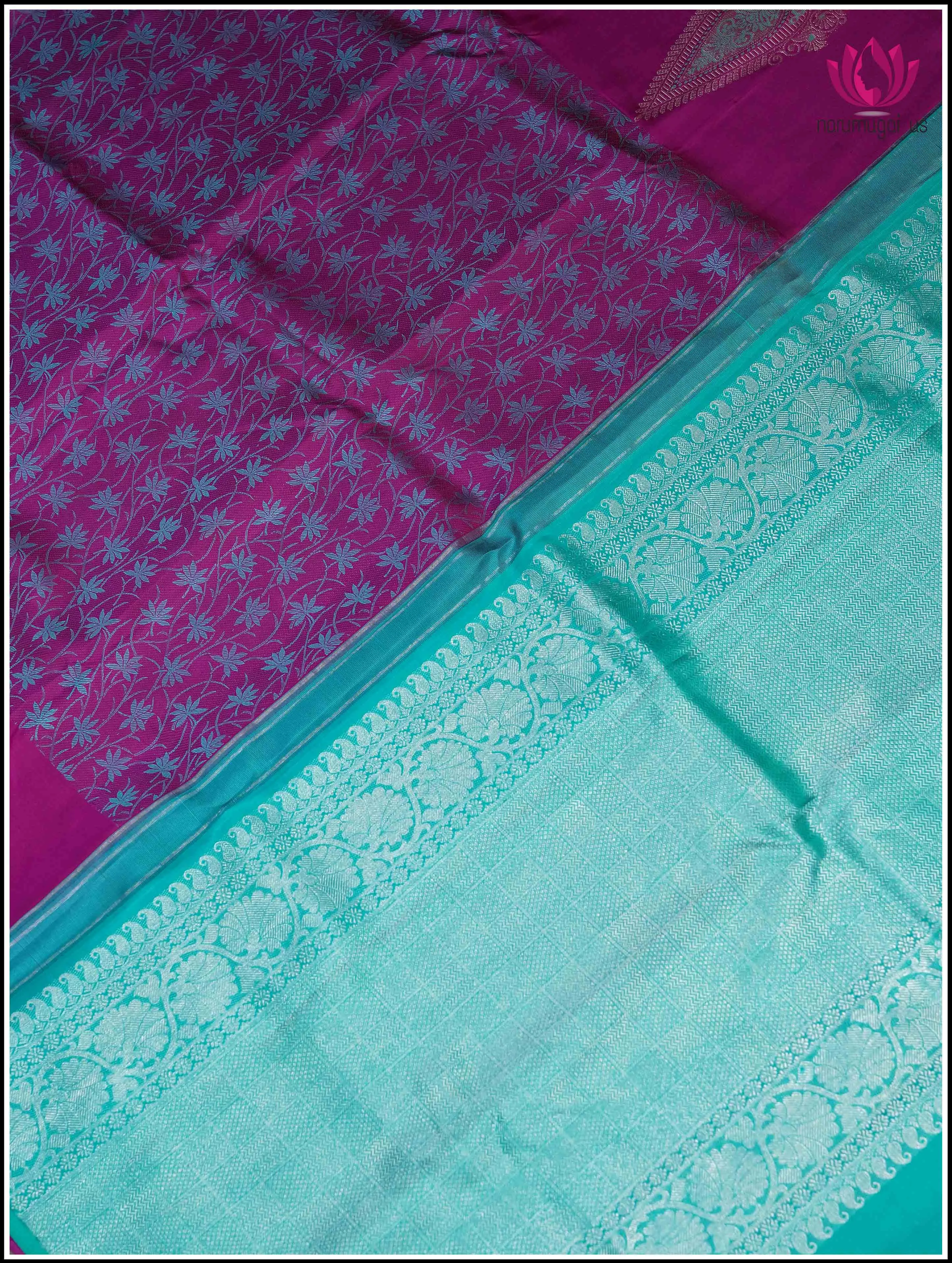 Kanchipuram Silk Saree in an Eggplant Purple with Teal Blue - Silkmark Certified