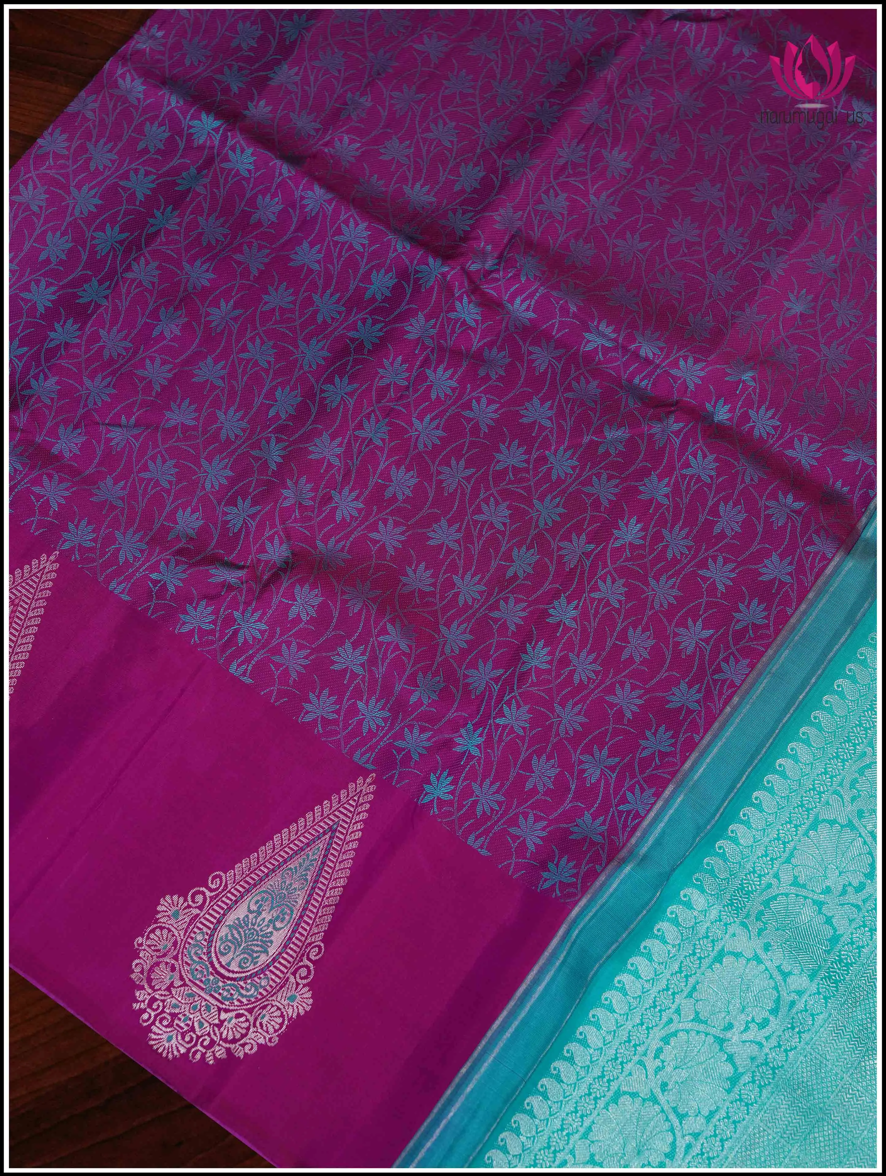 Kanchipuram Silk Saree in an Eggplant Purple with Teal Blue - Silkmark Certified