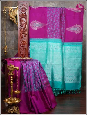 Kanchipuram Silk Saree in an Eggplant Purple with Teal Blue - Silkmark Certified