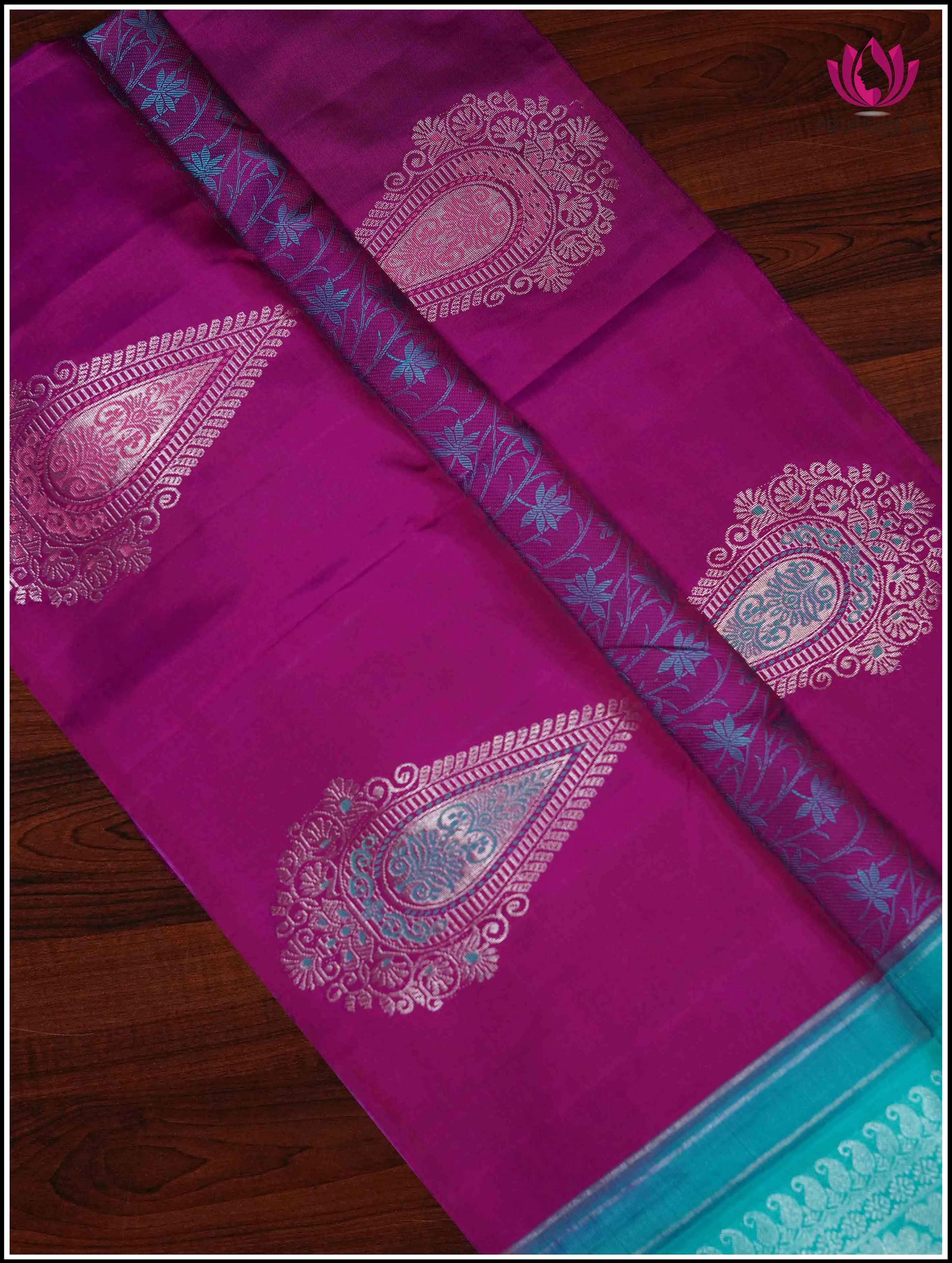 Kanchipuram Silk Saree in an Eggplant Purple with Teal Blue - Silkmark Certified