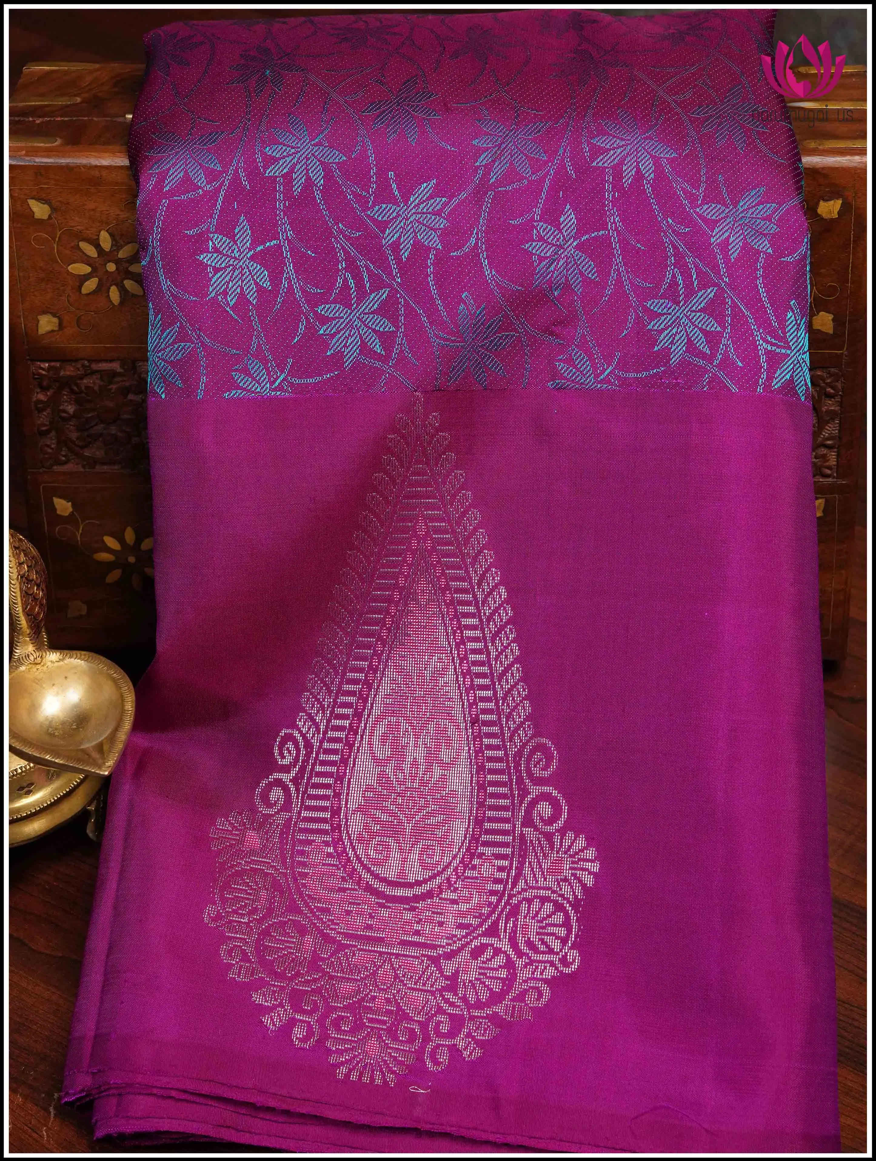 Kanchipuram Silk Saree in an Eggplant Purple with Teal Blue - Silkmark Certified