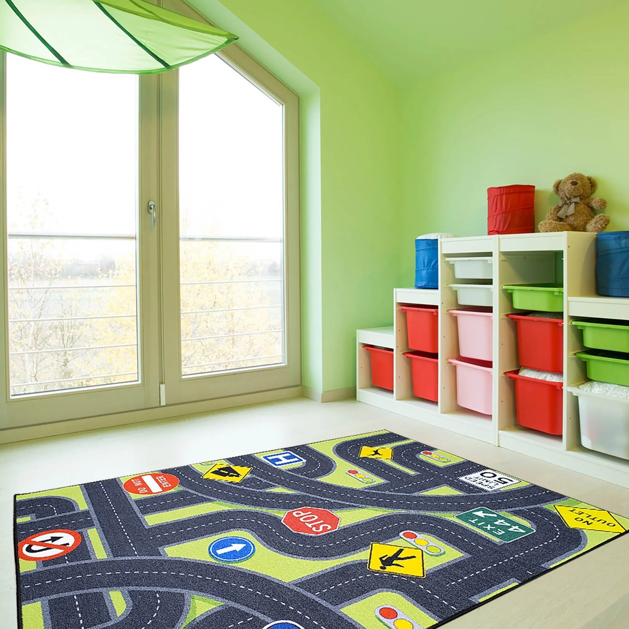 Kids Area Rug Traffic Signs Educational Non Slip Rubber Back Stain Resistant