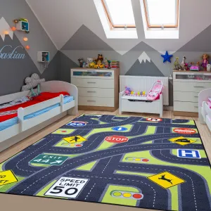 Kids Area Rug Traffic Signs Educational Non Slip Rubber Back Stain Resistant
