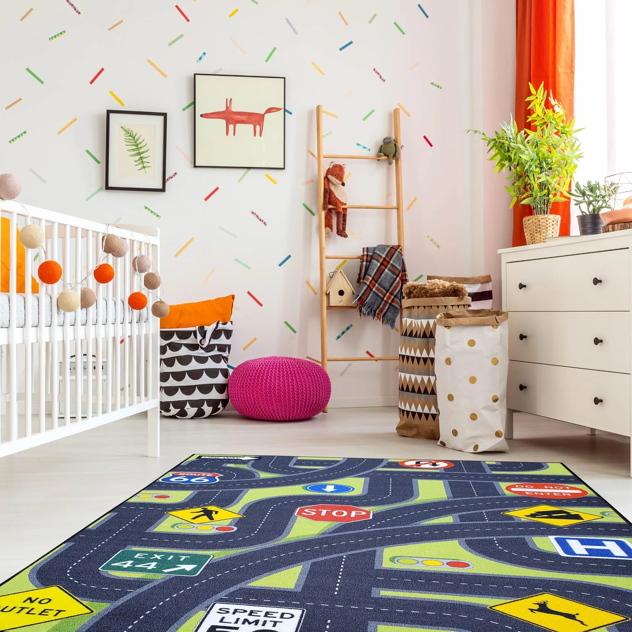 Kids Area Rug Traffic Signs Educational Non Slip Rubber Back Stain Resistant