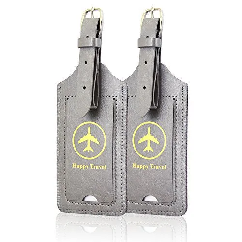 Luggage Tags, Acdream Leather Case Luggage Bag Tags Travel Tags 2 Pieces Set (Grey)