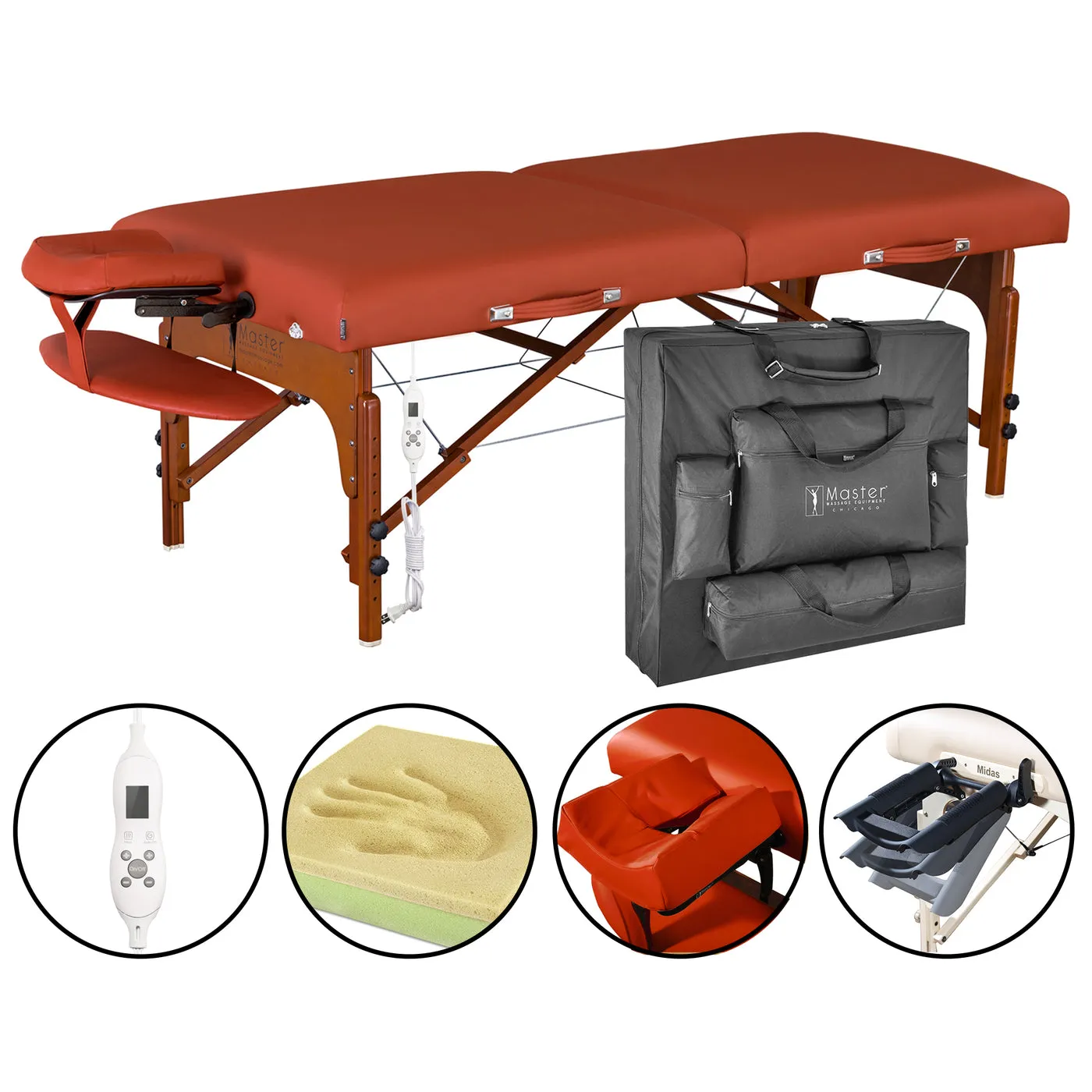 Master Massage 70cm SANTANA Portable Massage Table Package with Therma-Top Adjustable Heating System, Shiatsu Cables, Reiki Panels! (Mountain Red Color)