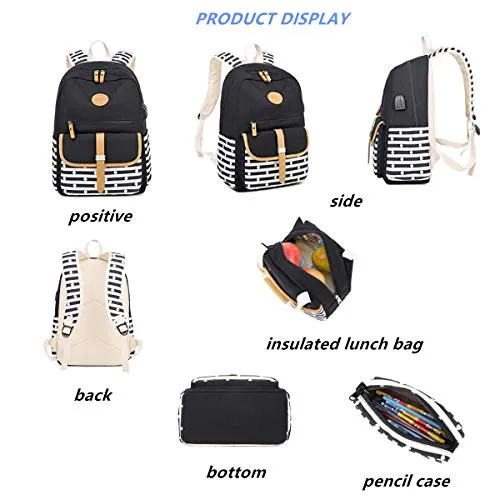MITOWERMI Canvas Backpack Set Girls Bookbags Set 3 in 1 College Laptop Backpack Striped Prints with Lunch bag(Black)