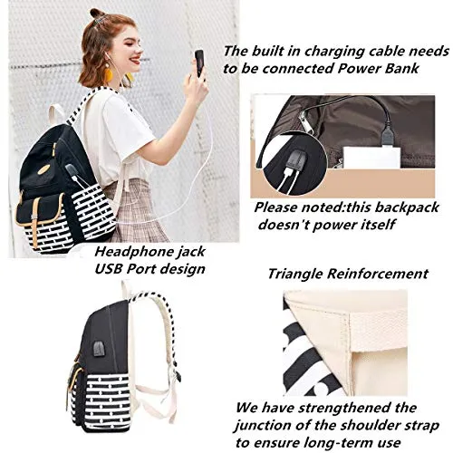 MITOWERMI Canvas Backpack Set Girls Bookbags Set 3 in 1 College Laptop Backpack Striped Prints with Lunch bag(Black)