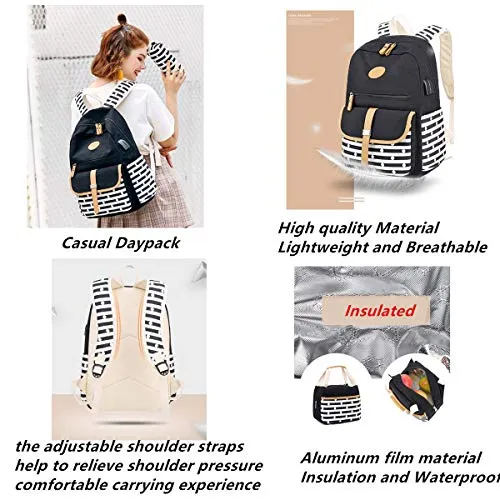 MITOWERMI Canvas Backpack Set Girls Bookbags Set 3 in 1 College Laptop Backpack Striped Prints with Lunch bag(Black)