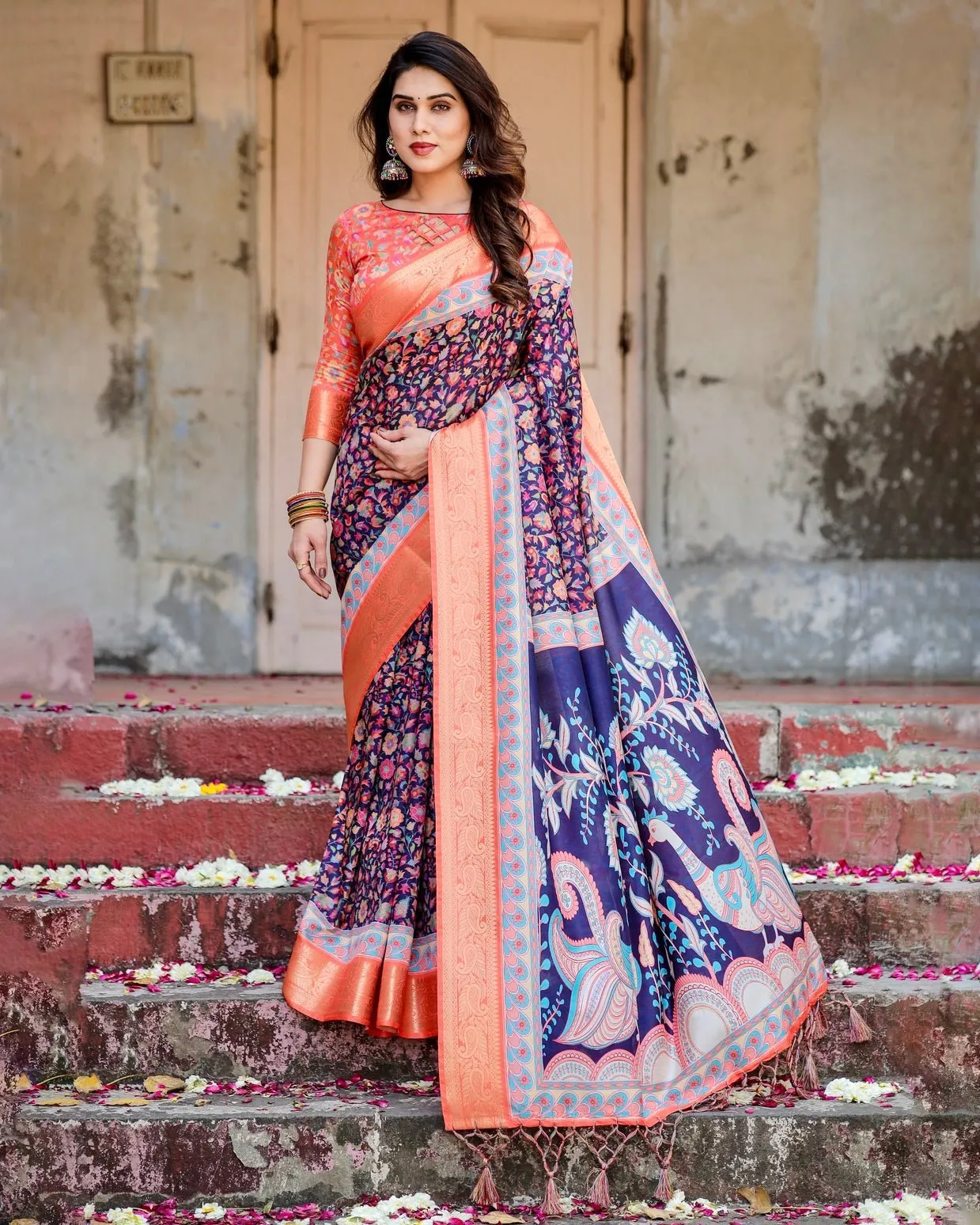 Navy Blue and Peach Tussar Silk Saree with Peacock Motifs and Floral Zari Border