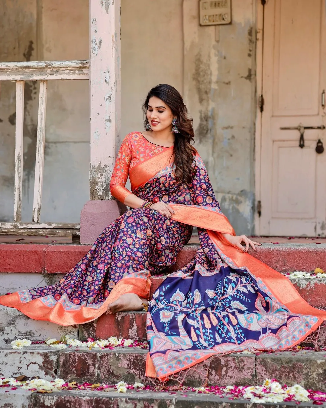 Navy Blue and Peach Tussar Silk Saree with Peacock Motifs and Floral Zari Border