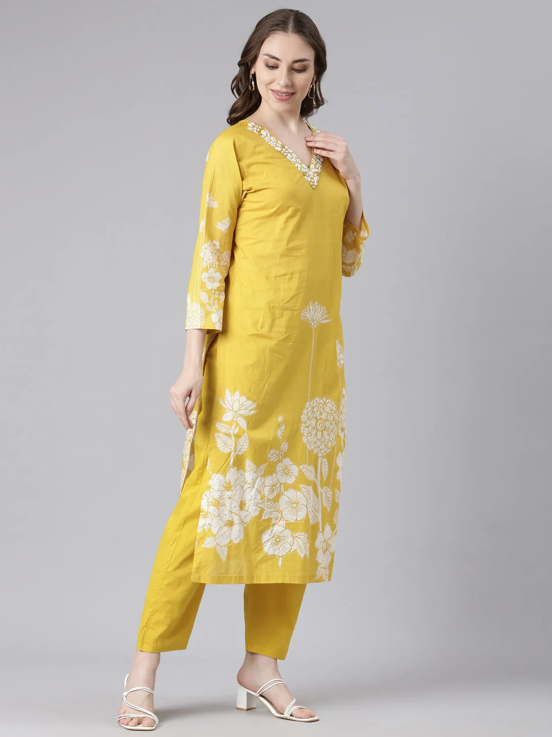 Neerus Yellow Cotton Straight Casual Floral Kurta and Trouser with Dupatta