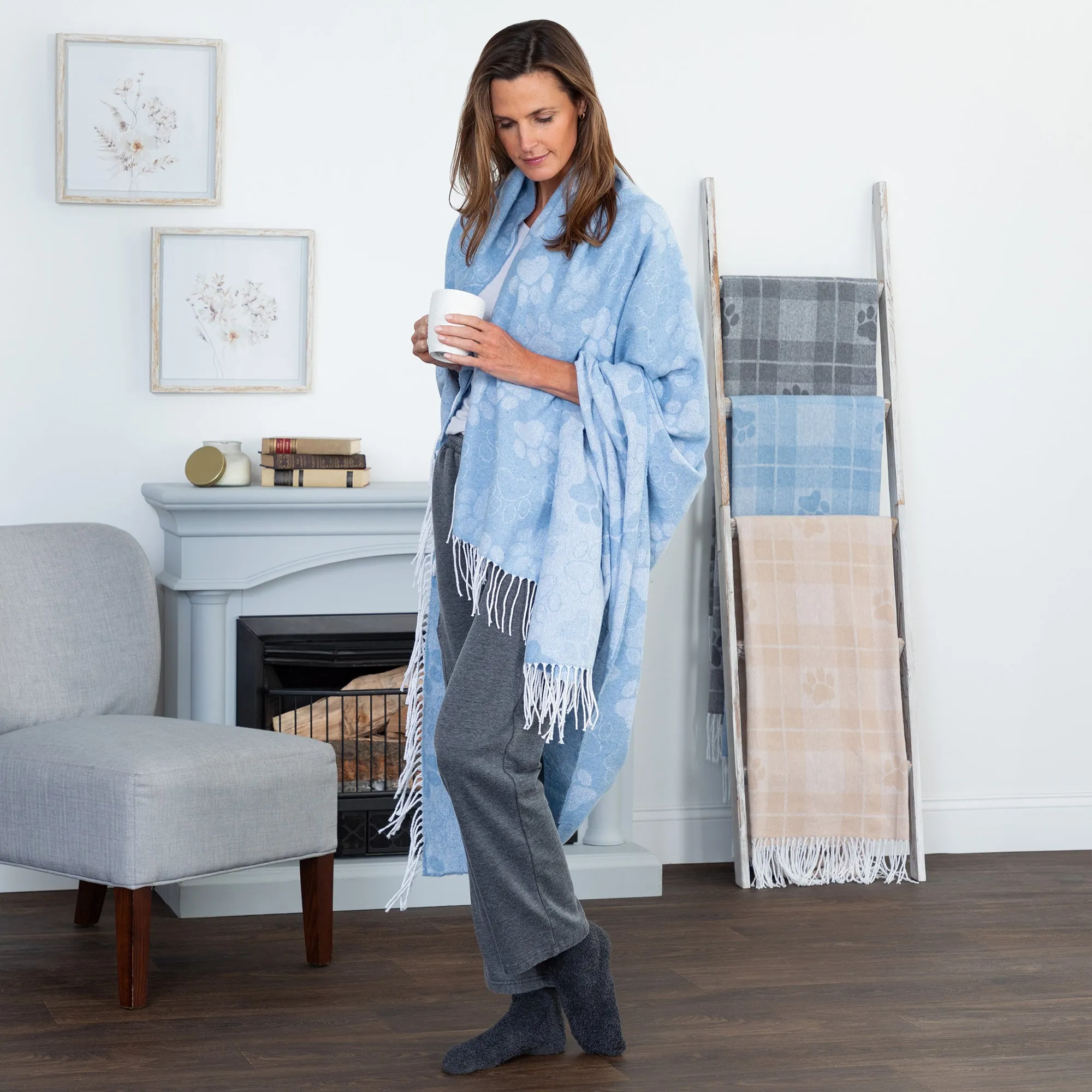 Paw Print Cotton Blend Throw Blanket with Fringe - 70” x 56”